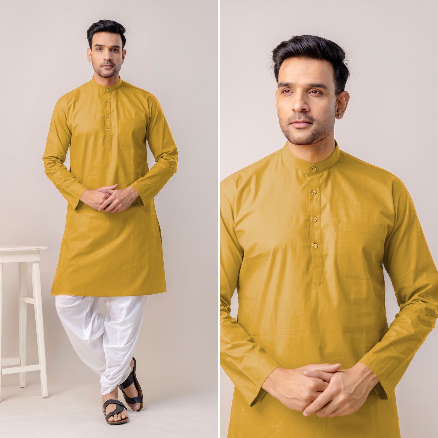 Men’s Kurta in Gold – Solid Color, Premium Look